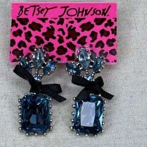 Betsey Johnson Iconic Glam Bow Art Deco Blue Jewel Black Bow Earrings
